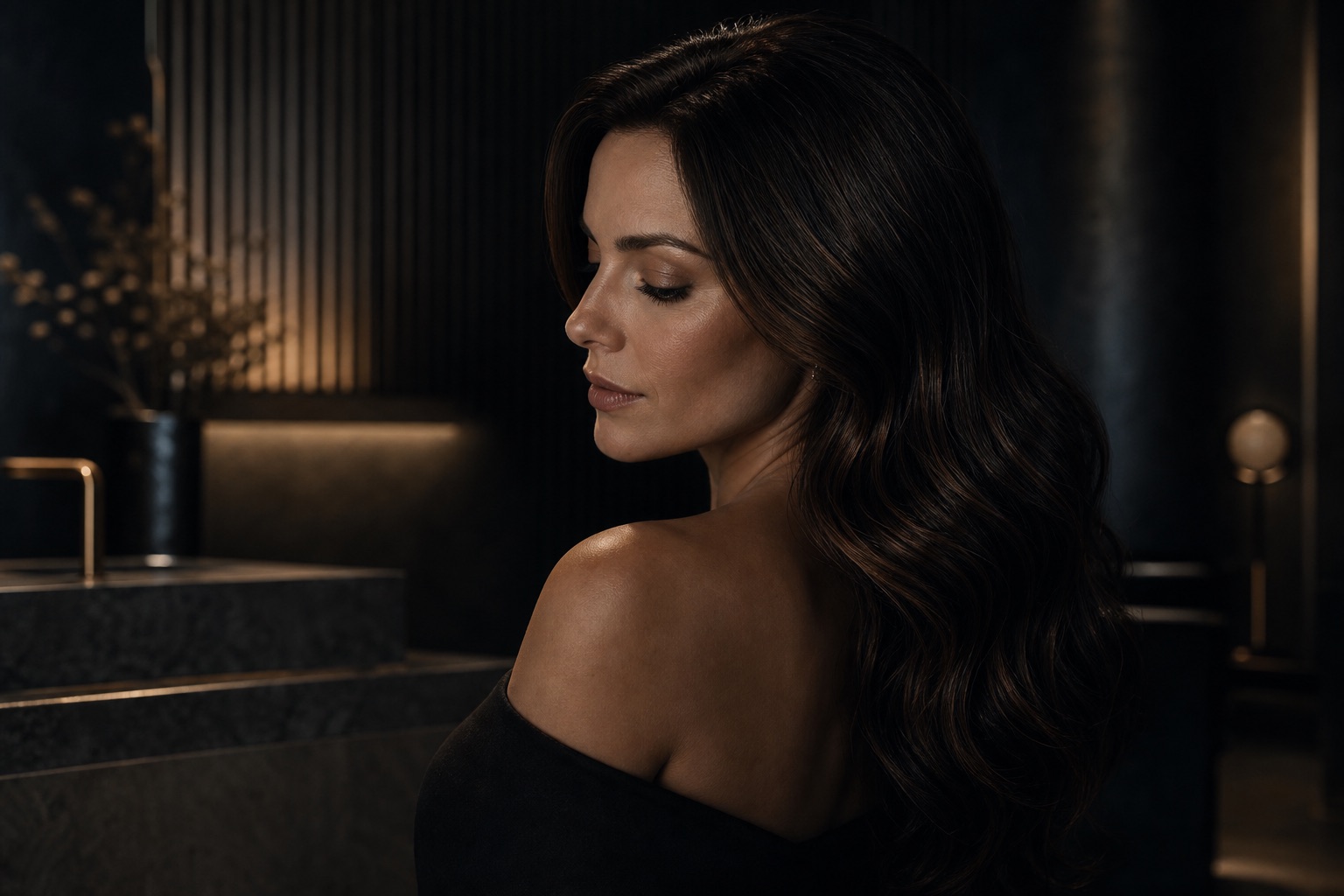Mulher com cabelo escuro e brilhante em ambiente escuro de estética premium